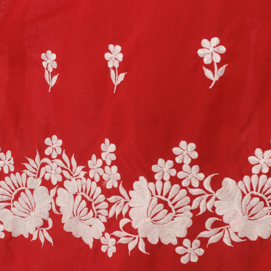 70s Red Floral Embroidered Shirt Dress White Cotton Button Front Knee Length Large L