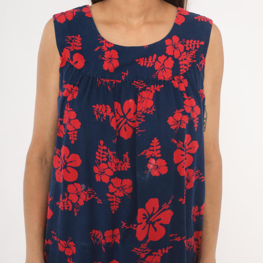 80s Ui-Makai Hawaiian Hibiscus Dress Navy Blue Red Floral Sleeveless Small