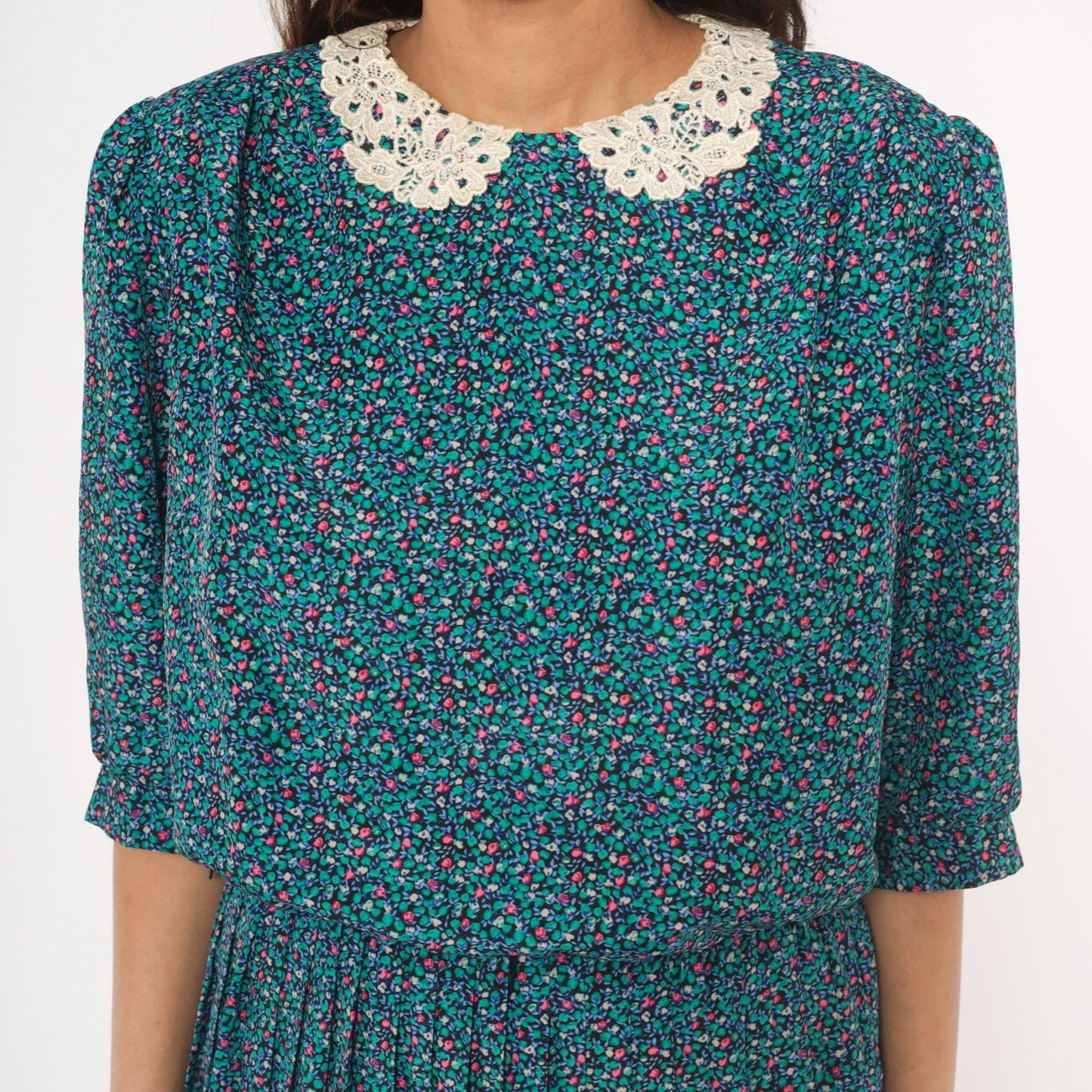 80s Brelli Originals Ditsy Floral Mini Dress Puff Sleeve Peter Pan Collar Large L