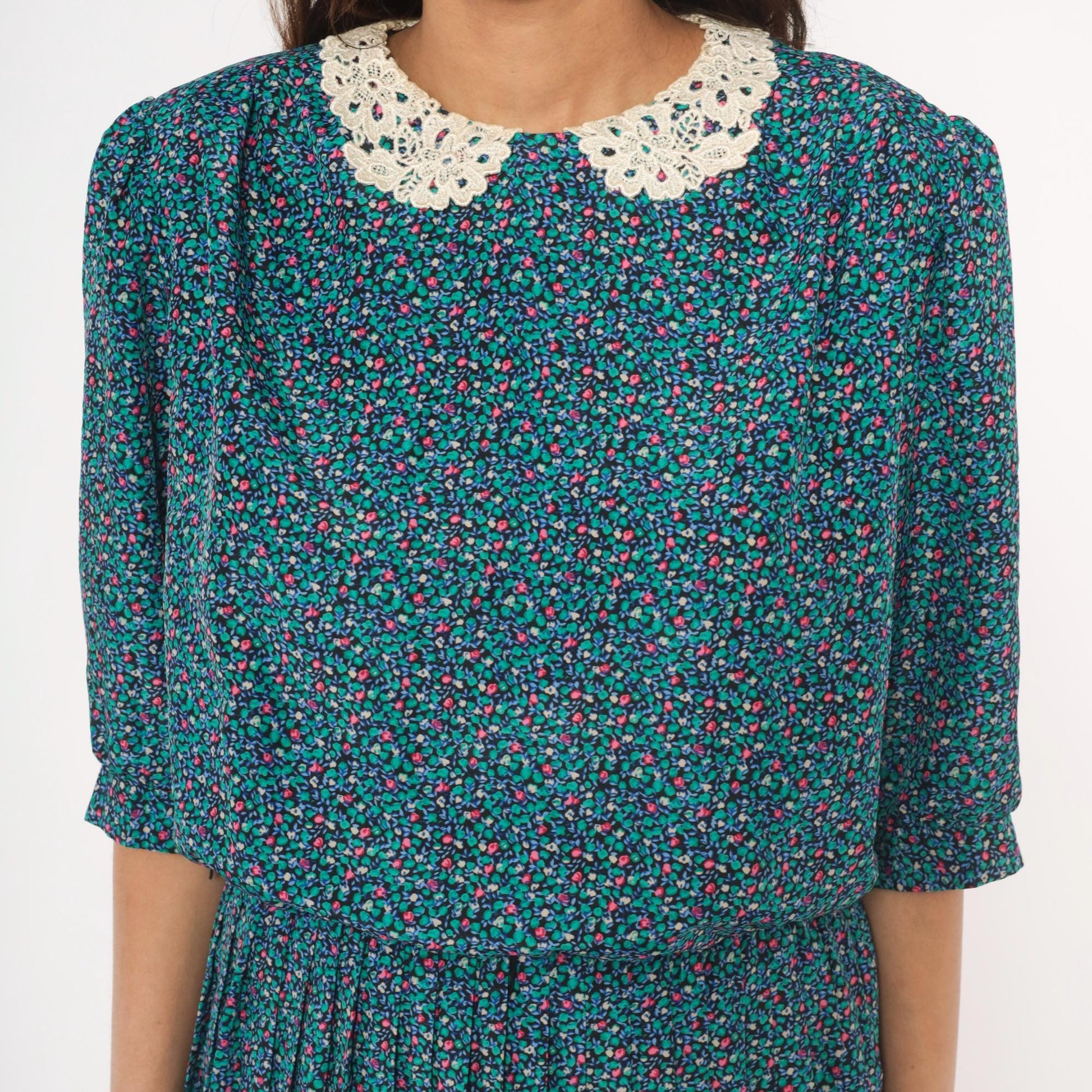 80s Brelli Originals Ditsy Floral Mini Dress Puff Sleeve Peter Pan Collar Large L