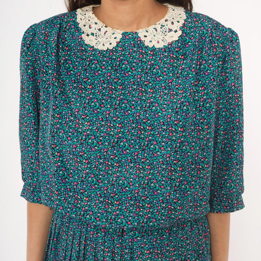 80s Brelli Originals Ditsy Floral Mini Dress Puff Sleeve Peter Pan Collar Large L