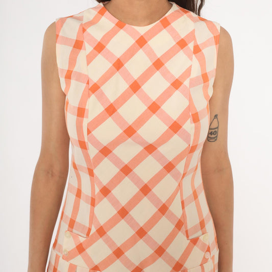 60s Orange Cream Gingham Drop Waist Dress Pleated Sleeveless Shift Small