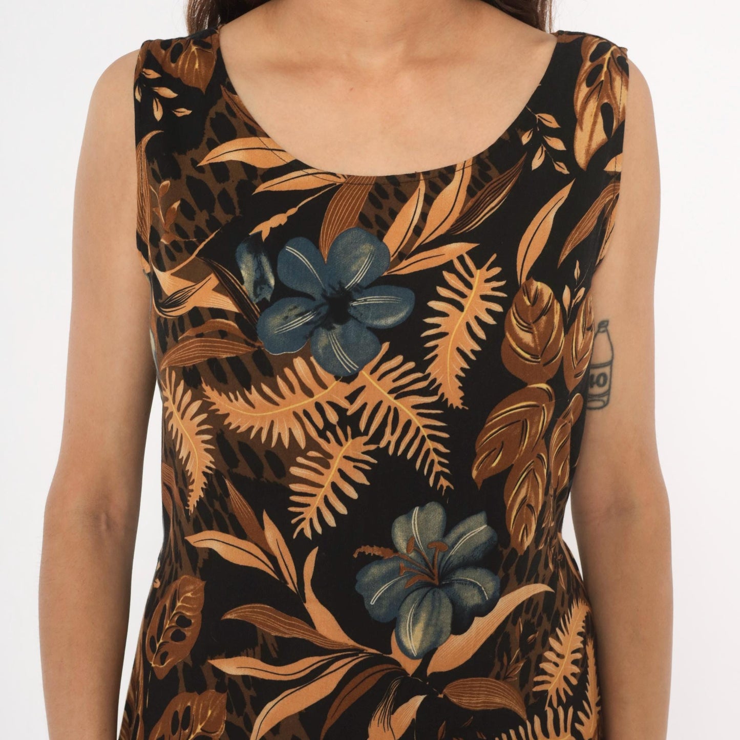 90s California Krush Tropical Floral Midi Dress Sleeveless Black Medium M