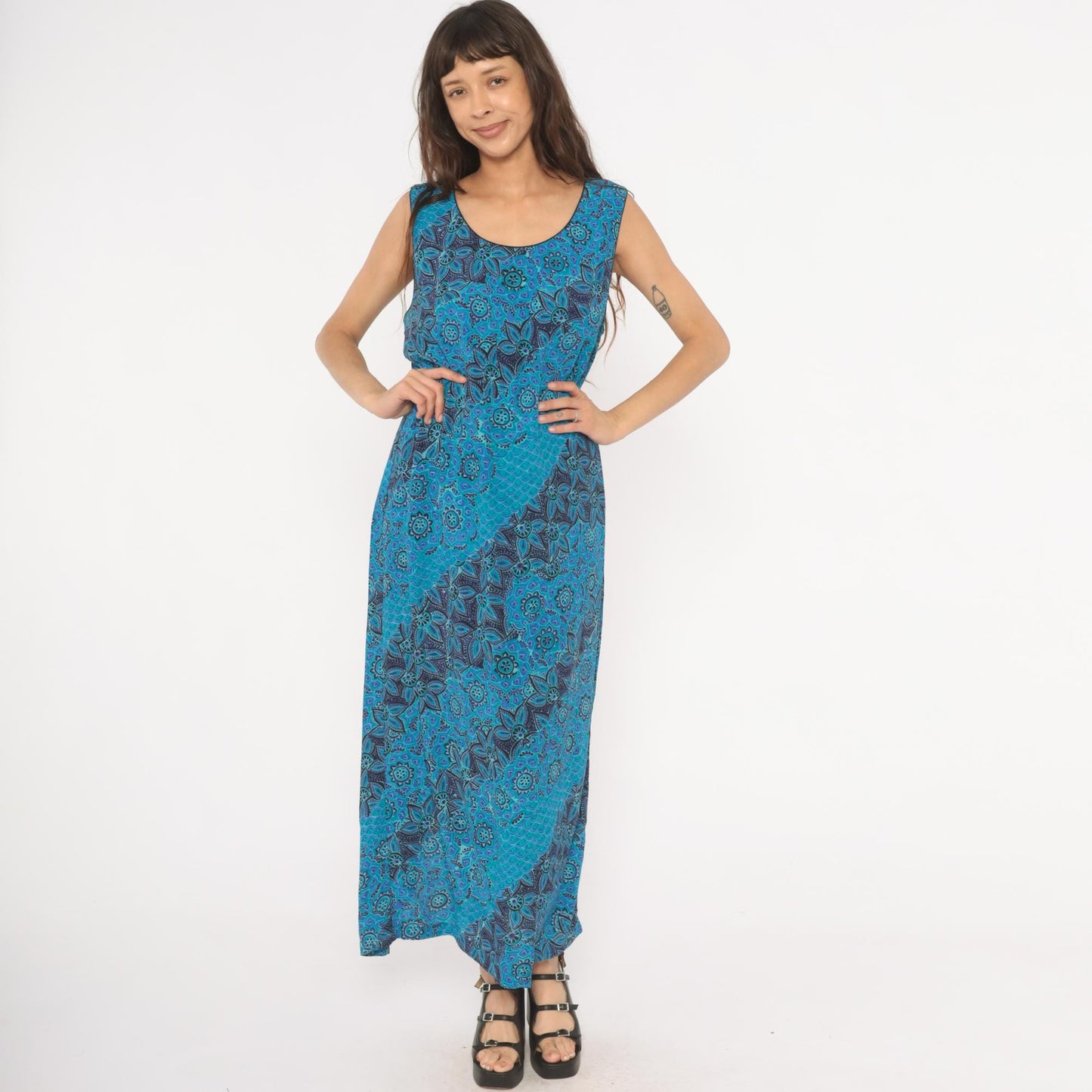90s Sarah Elizabeth Batik Floral Maxi Dress Teal Navy Scoop Neck Tank Extra Large XL