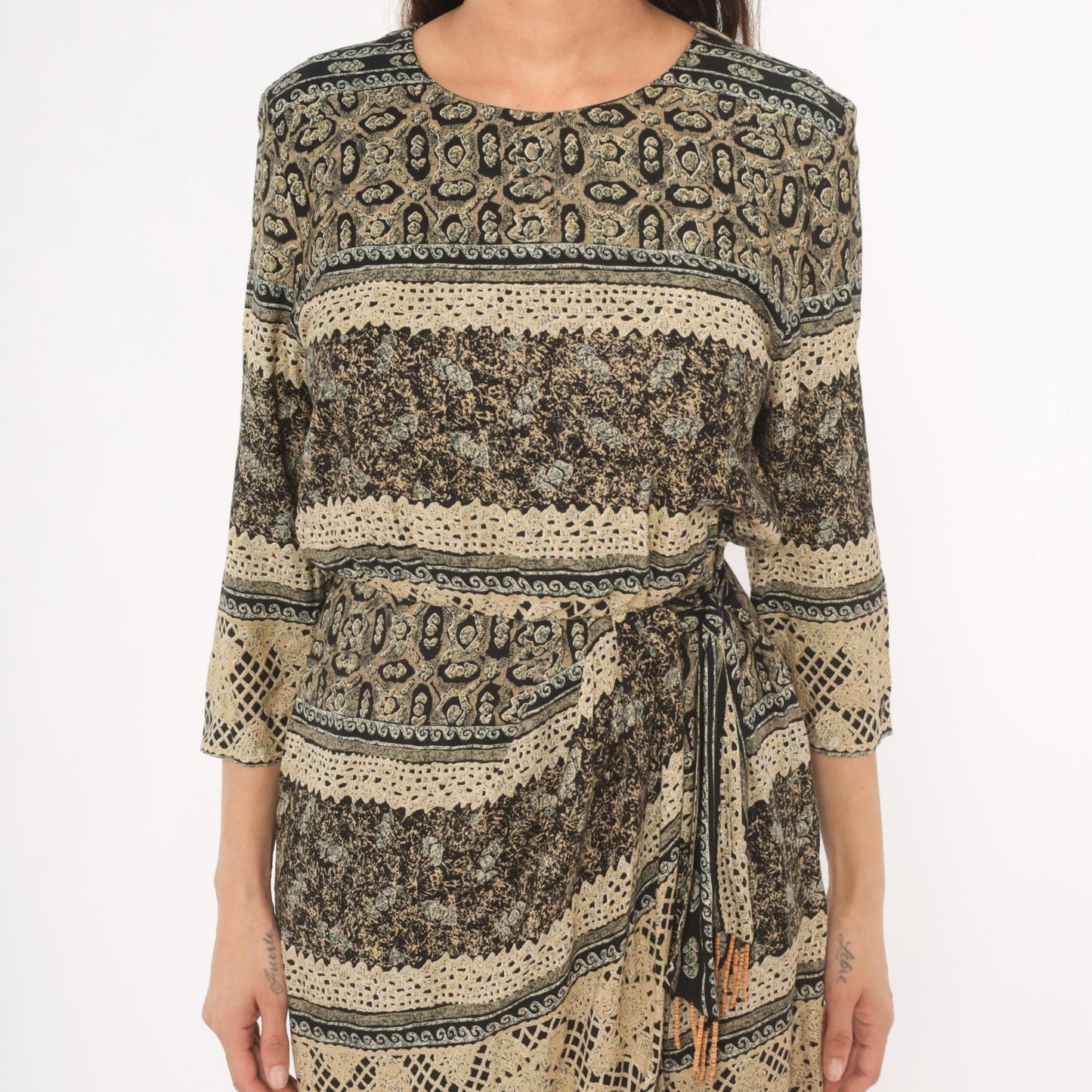 90s RJ Stevens Mini Dress Paisley Floral Stripe Black Tan Olive Medium M