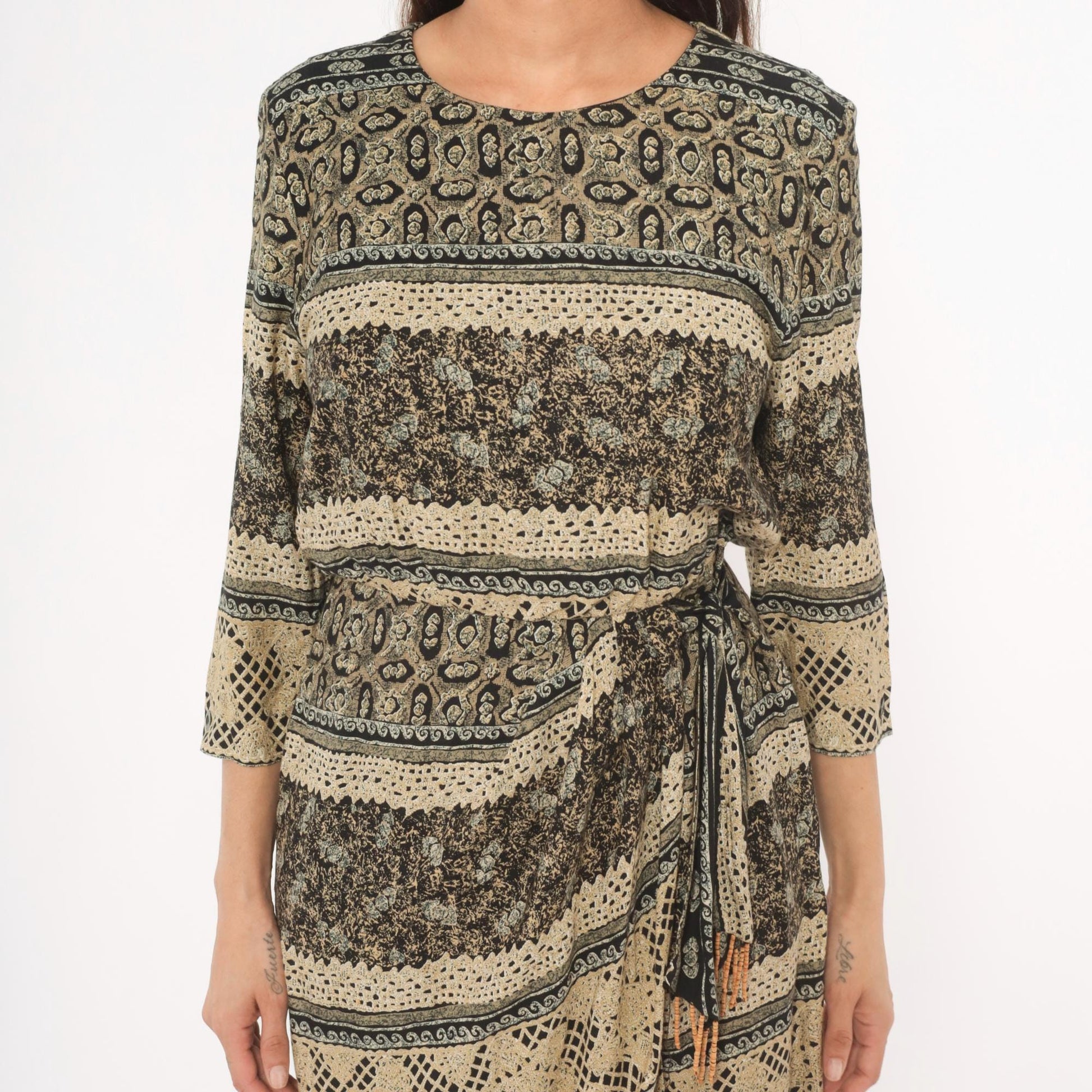 90s RJ Stevens Mini Dress Paisley Floral Stripe Black Tan Olive Medium M
