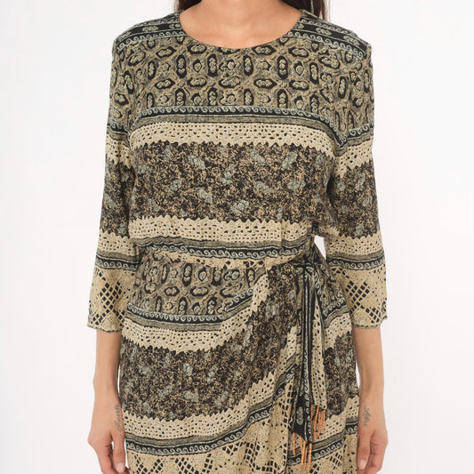 90s RJ Stevens Mini Dress Paisley Floral Stripe Black Tan Olive Medium M