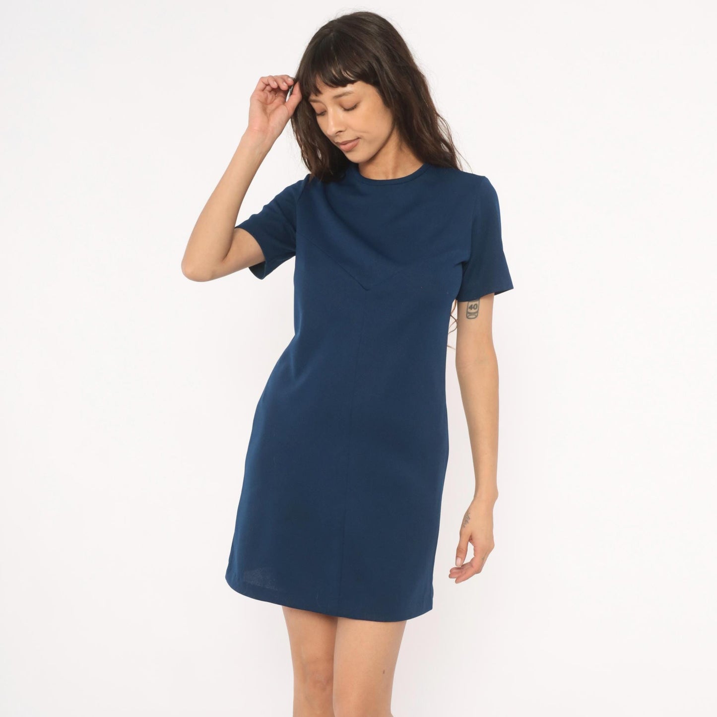 70s Navy Shift Dress Mini A-Line Short Sleeve Crew Neck Sears Knit Small S