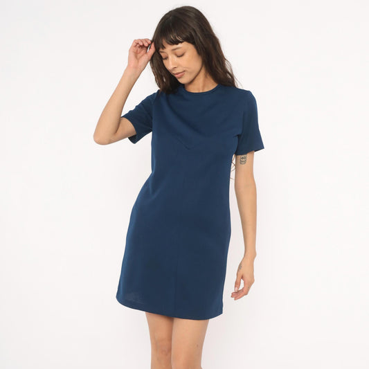 70s Navy Shift Dress Mini A-Line Short Sleeve Crew Neck Sears Knit Small S