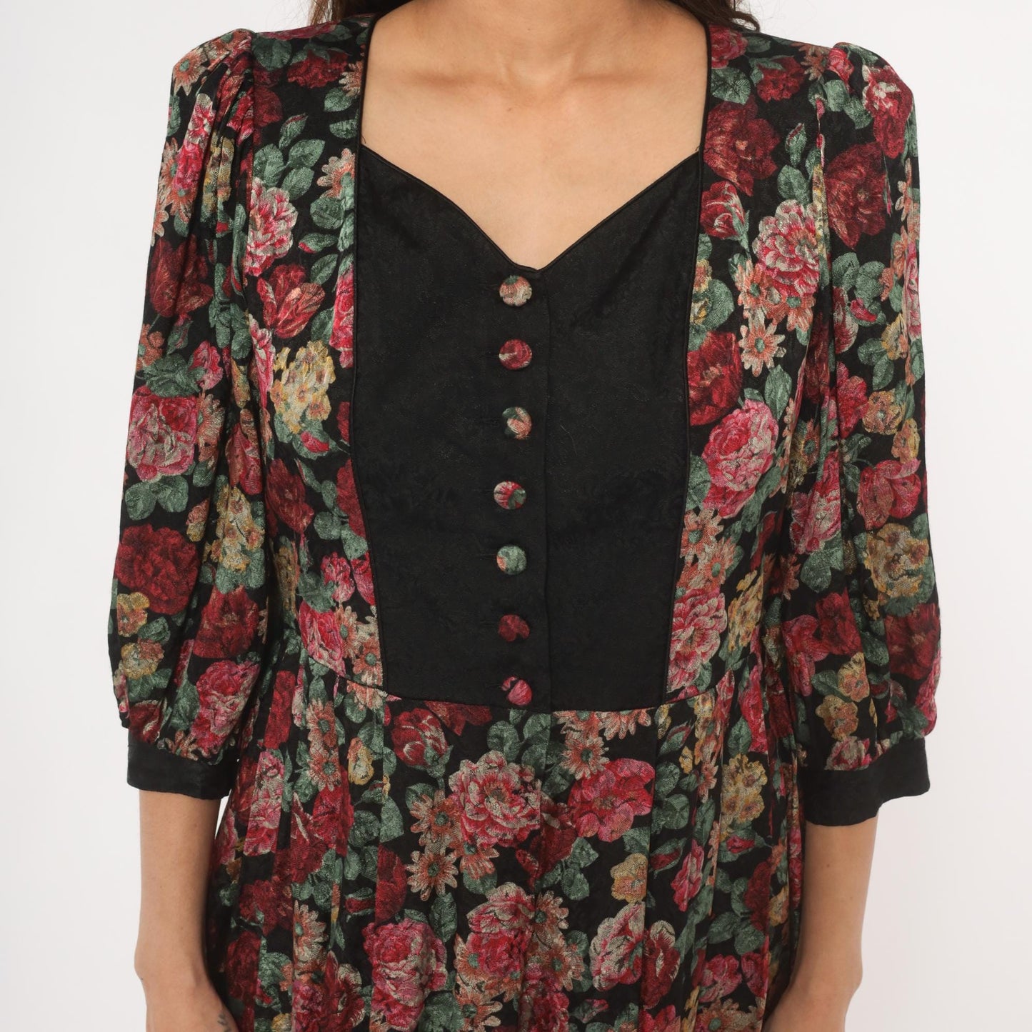 90s Rose Dirndl Dark Floral Midi Dress Black Sweetheart Neckline Medium M
