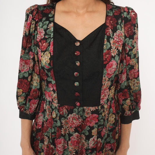 90s Rose Dirndl Dark Floral Midi Dress Black Sweetheart Neckline Medium M