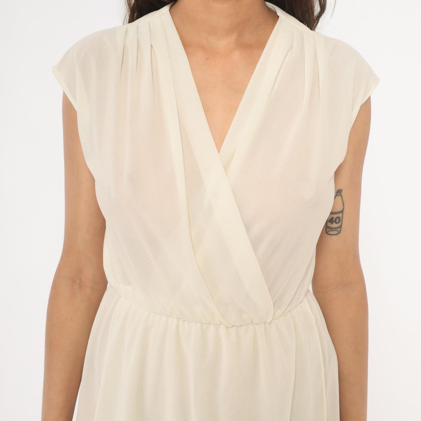 70s Oops Cream Wrap Dress V-Neck Cap Sleeve Midi Ivory Small S