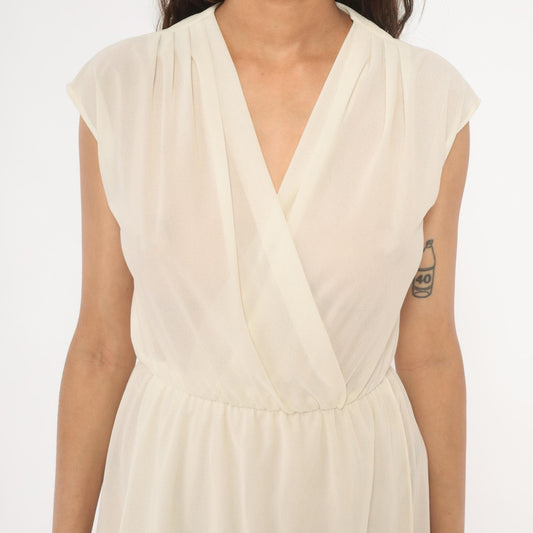 70s Oops Cream Wrap Dress V-Neck Cap Sleeve Midi Ivory Small S