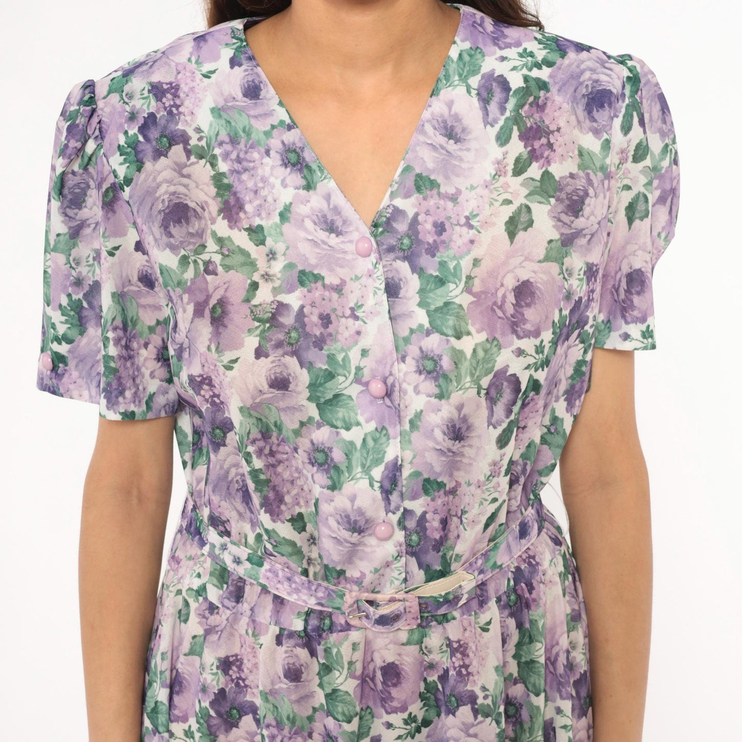 80s Anthony Richards Floral Midi Dress Purple Lavender Rose Puff Sleeve Large L