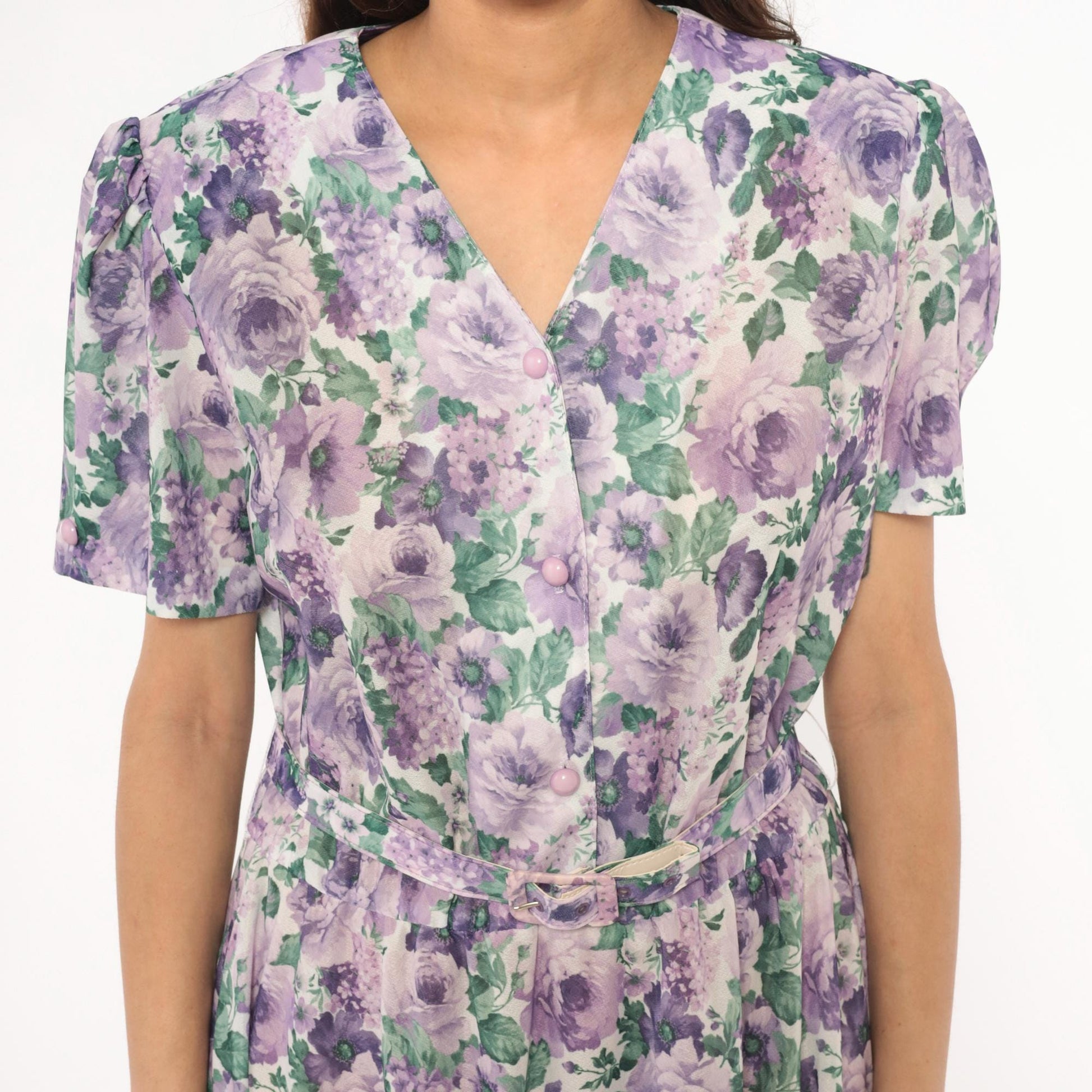 80s Anthony Richards Floral Midi Dress Purple Lavender Rose Puff Sleeve Large L