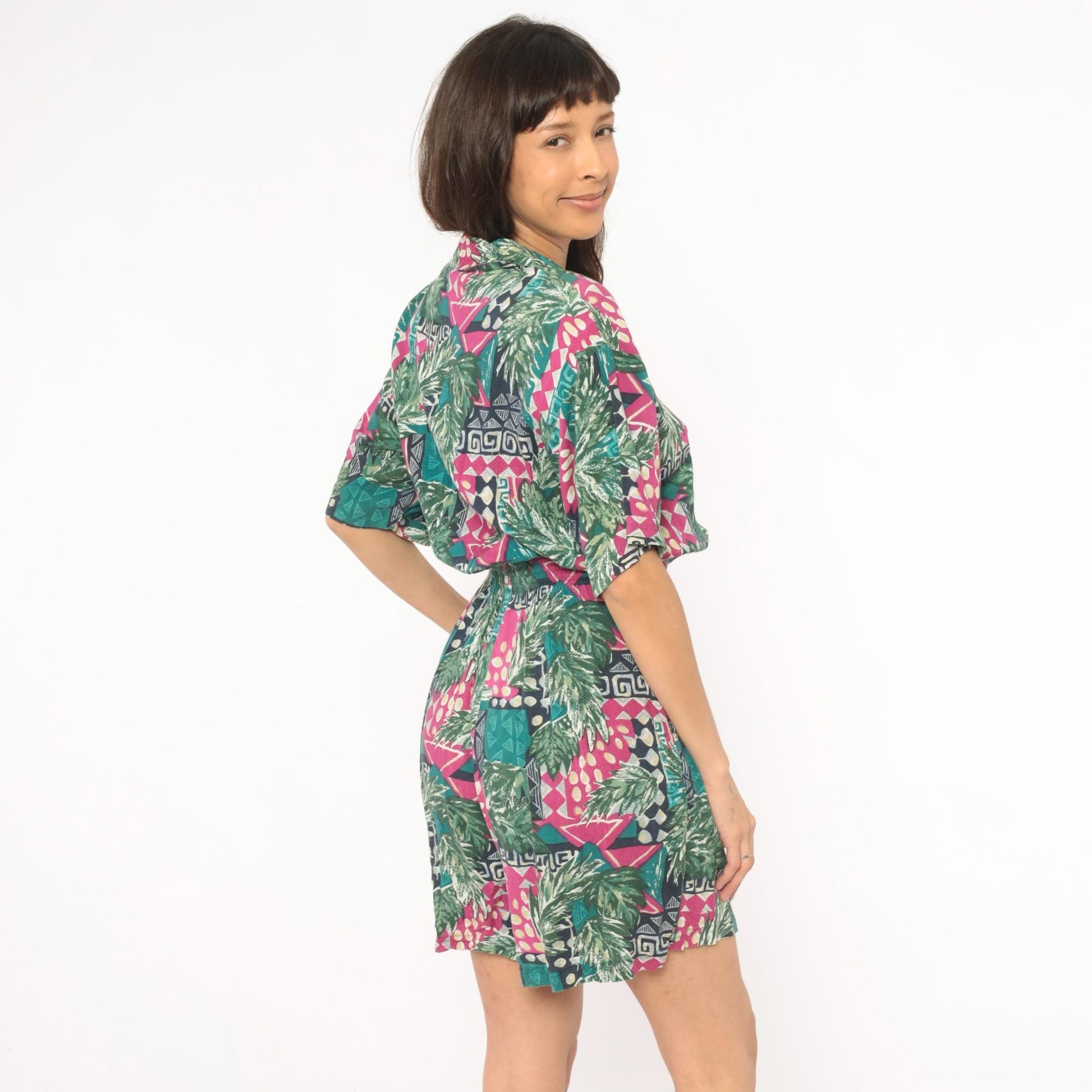 80s C.A. Sport Tropical Romper Green Magenta Leaf Print Button Front Small