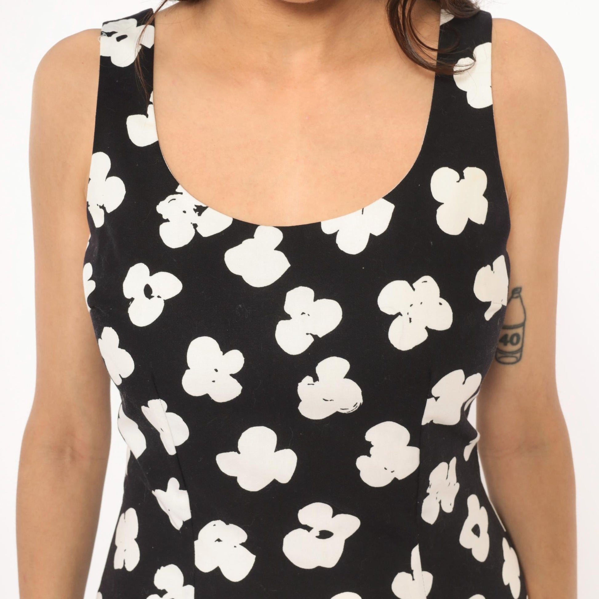 90s Elizabeth Simon Floral Bodycon Mini Dress Black White Cotton Small S