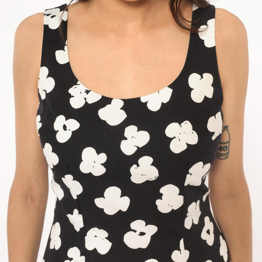 90s Elizabeth Simon Floral Bodycon Mini Dress Black White Cotton Small S