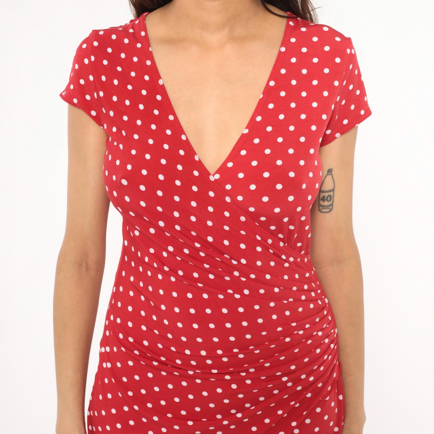 2000s Joseph Ribknoff Red Polka Dot Wrap Dress V Neck Cap Sleeve Small S