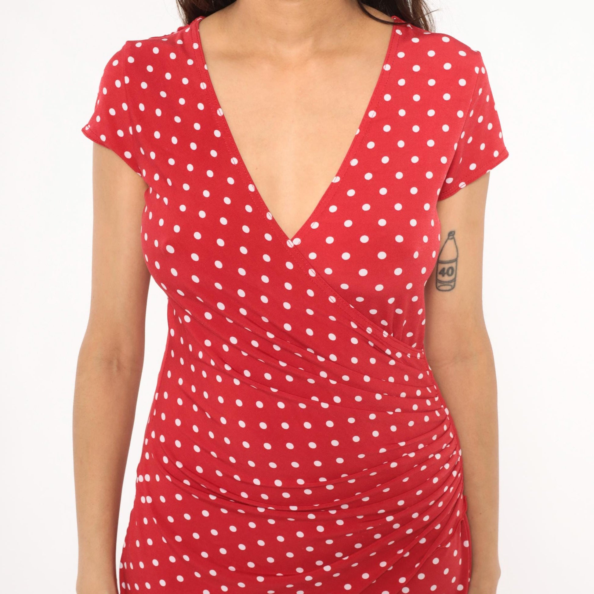 2000s Joseph Ribknoff Red Polka Dot Wrap Dress V Neck Cap Sleeve Small S