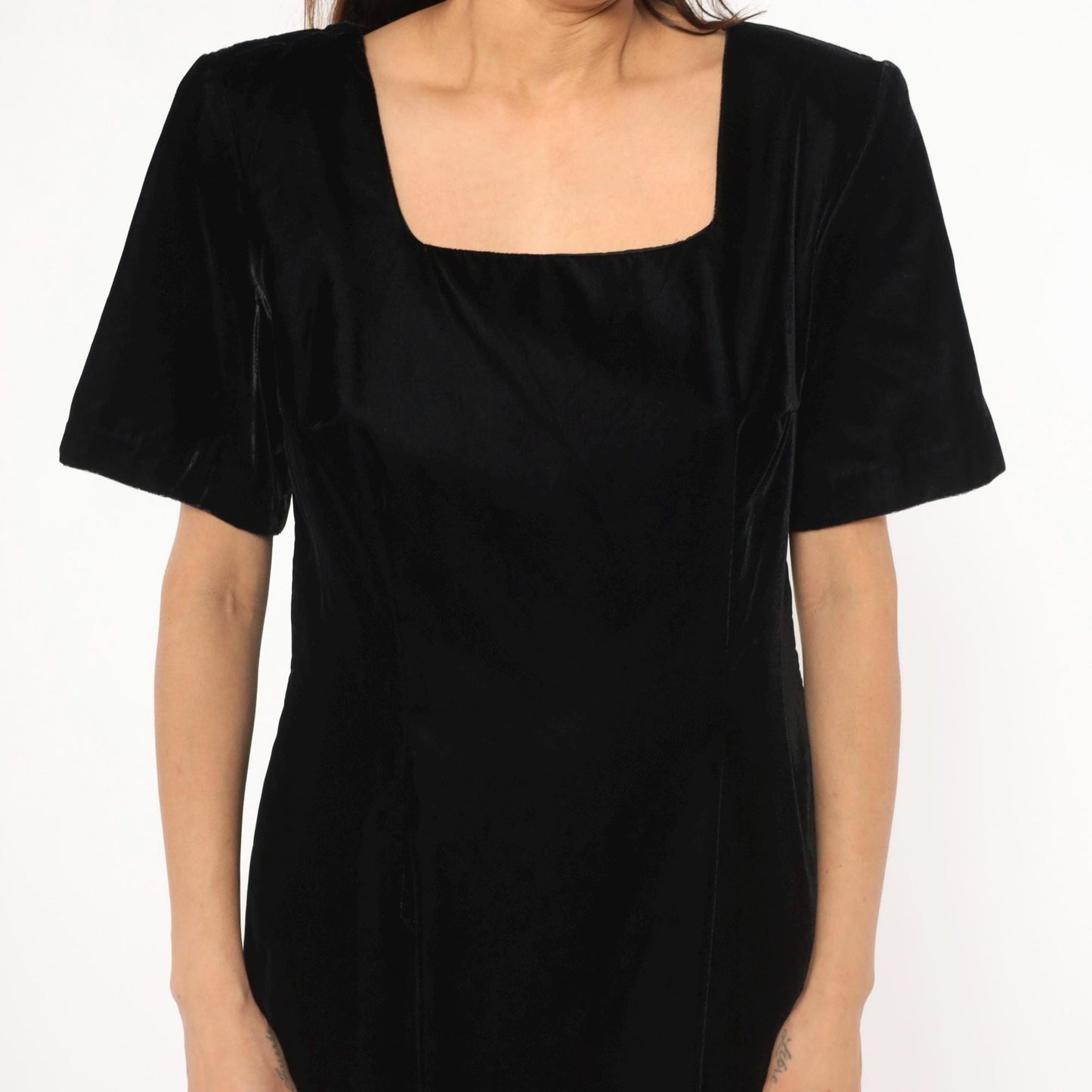 90s My Michelle Black Velvet Dress Square Neck Short Sleeve Knee Length Large L