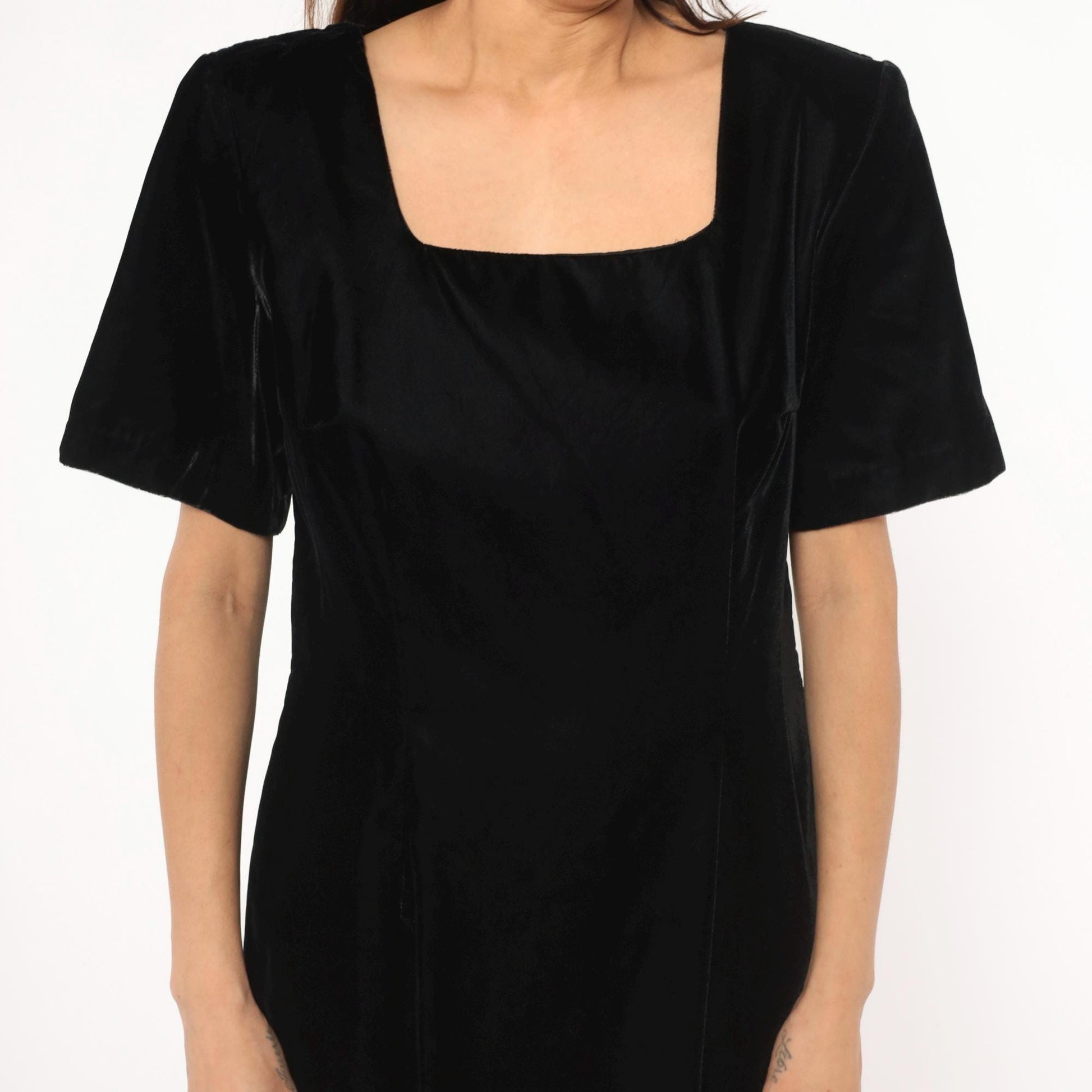 90s My Michelle Black Velvet Dress Square Neck Short Sleeve Knee Length Large L