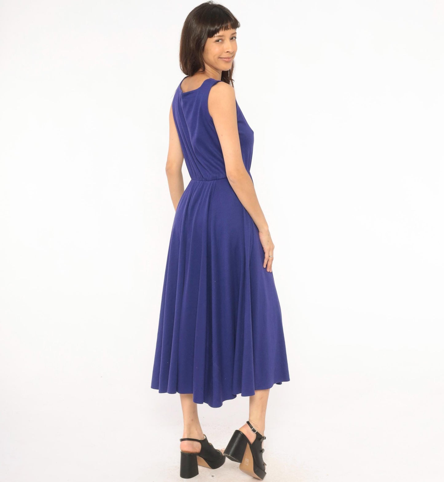 80s Rosemary Brantley Indigo Midi Sundress Scoop Neck Circle Skirt Large L