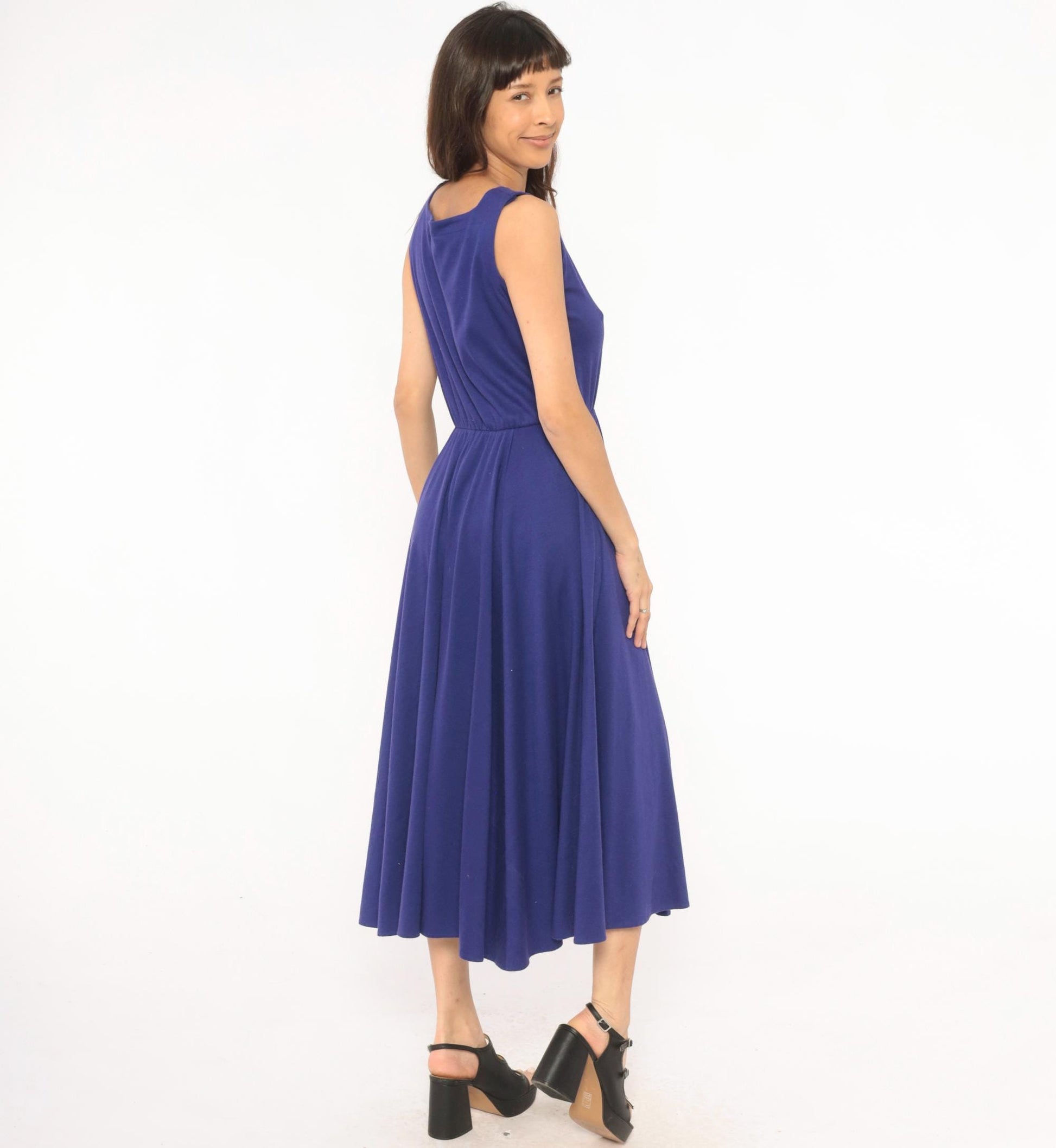 80s Rosemary Brantley Indigo Midi Sundress Scoop Neck Circle Skirt Large L