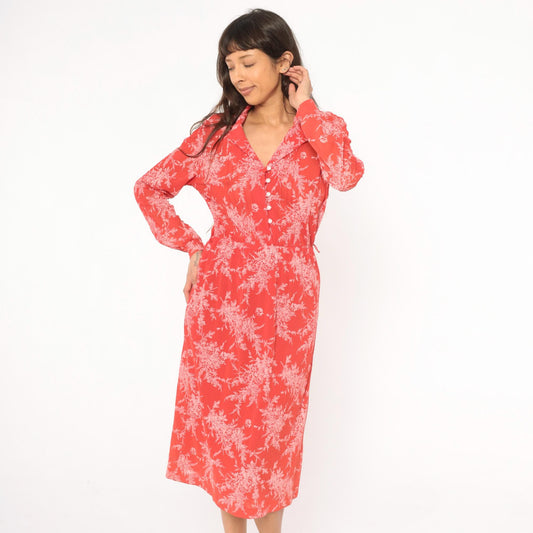70s H Coral Floral Shirtdress Button Front Bishop Sleeves Midi Medium M
