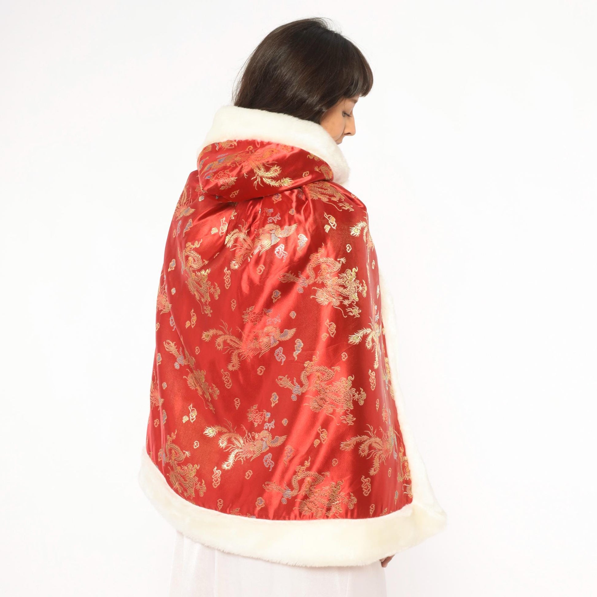 80s Reversible Faux Fur Cape Red Dragon Phoenix Brocade Hooded Cloak Extra Extra Small