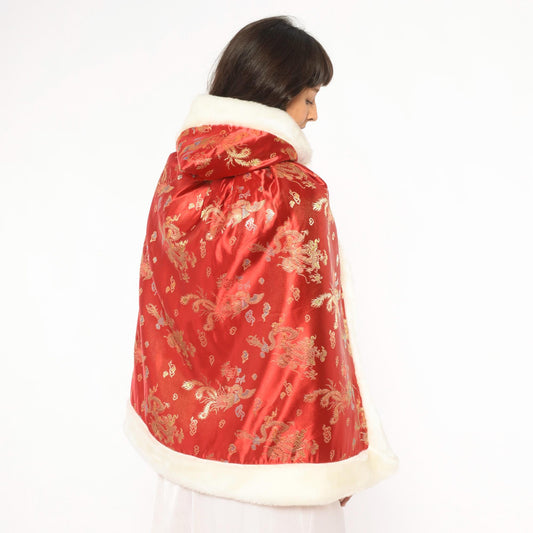 80s Reversible Faux Fur Cape Red Dragon Phoenix Brocade Hooded Cloak Extra Extra Small