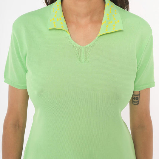 90s Lime Green Polo Knit Yellow Patterned Collar Fitted Pullover Small