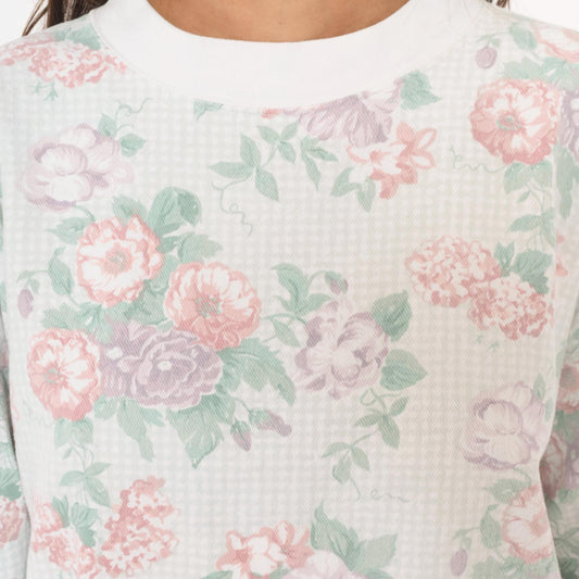 90s Floral Crewneck Sweatshirt Pink Lavender Rose Print White Medium