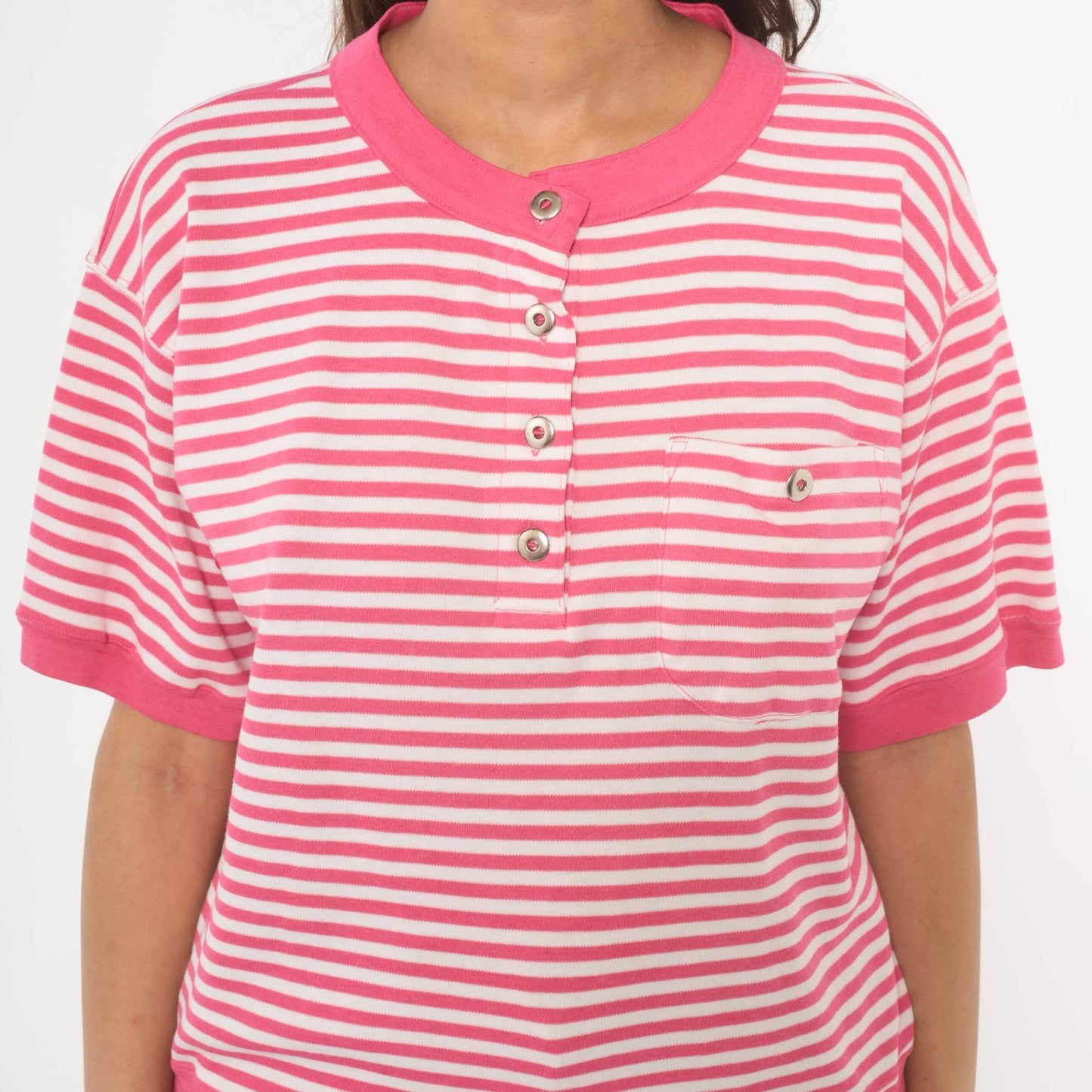 90s N Resource Pink Striped Henley Button Top Chest Pocket Medium