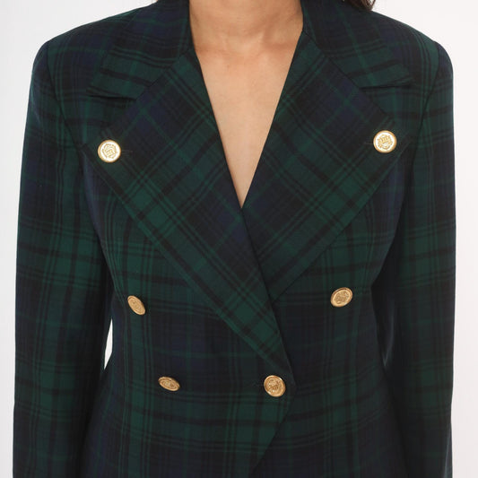 80s Rafaella Black Watch Tartan Wool Blazer Gold Button Peak Lapel Small S