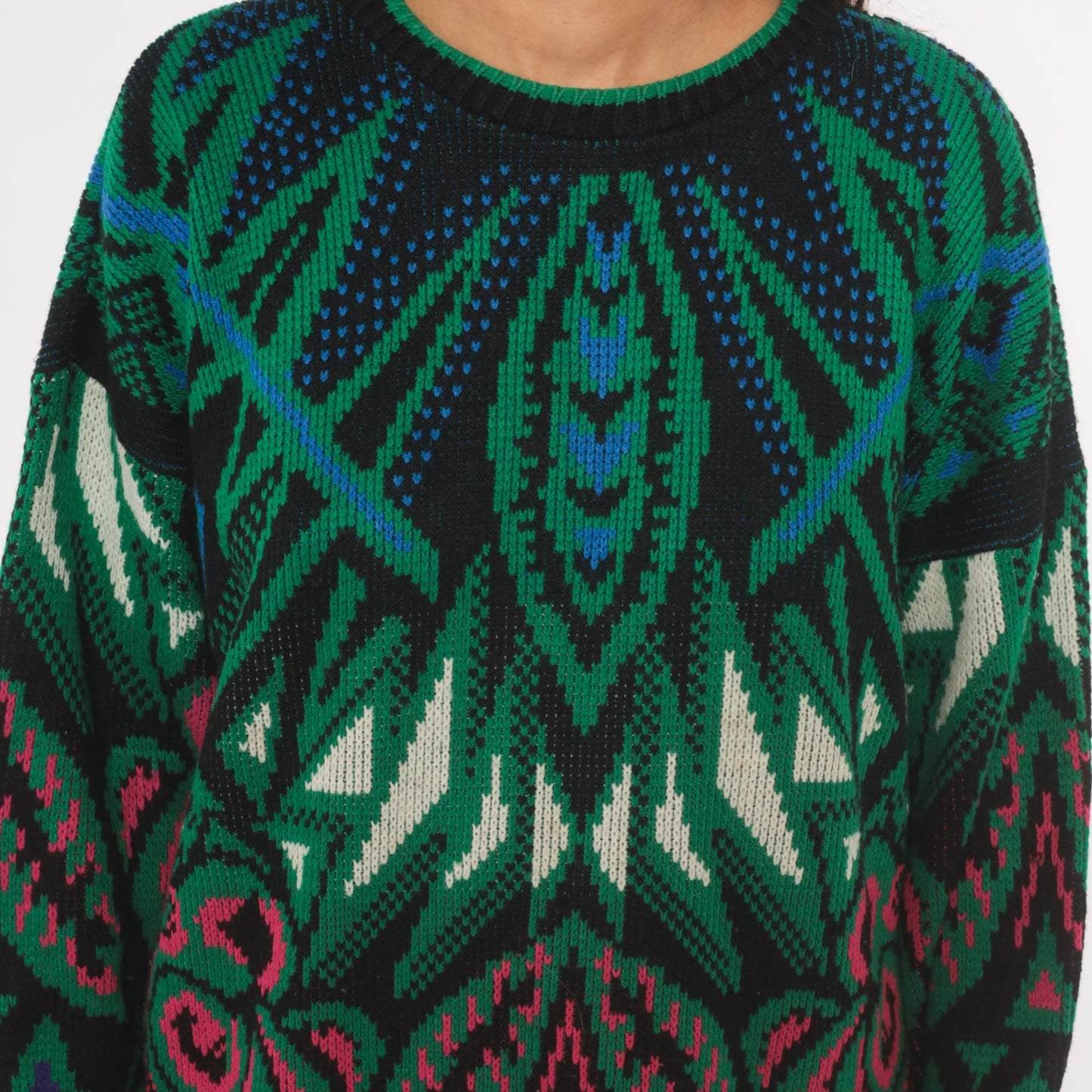 90s Venezia Geometric Jacquard Knit Sweater Green Pink Blue Crewneck XL