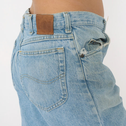 Y2K Light Wash Straight Leg Cropped Jeans Raw Hem Blue Cotton Large L