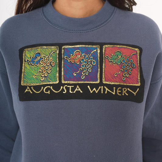 90s Fruit of the Loom Vineyard Crewneck Sweatshirt Slate Blue Graphic Small