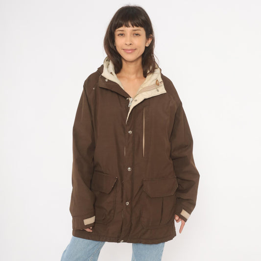 80s Woolrich Brown Hooded Parka Cargo Pockets Tan Quilted Lining Large