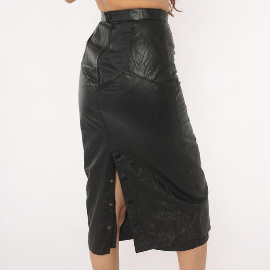 90s G 3 Leather Fashions Black Leather Pencil Skirt High Waist Midi XS
