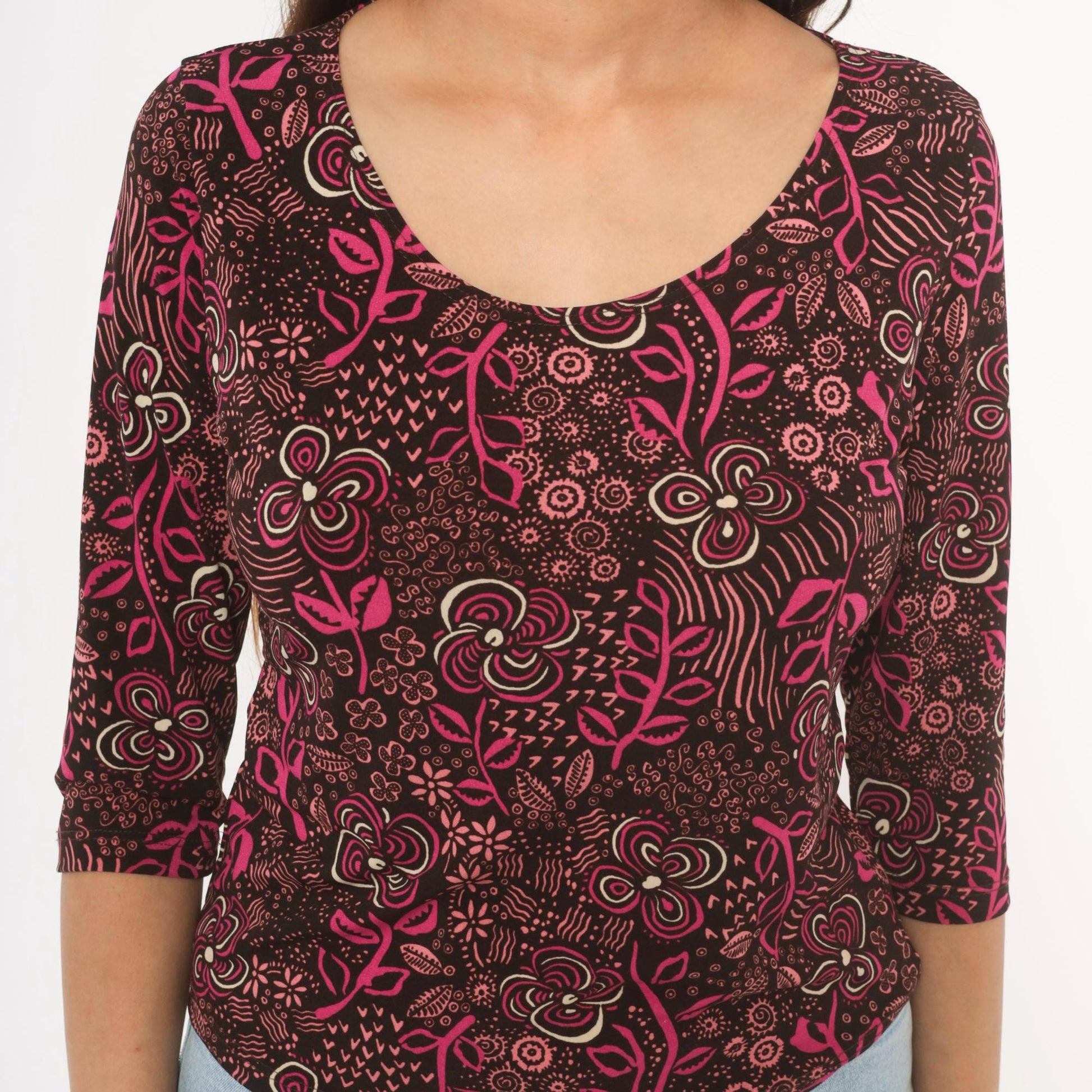 Y2K Only Nine Floral Botanical Blouse Brown Pink Three Quarter Sleeve Large L