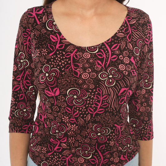 Y2K Only Nine Floral Botanical Blouse Brown Pink Three Quarter Sleeve Large L