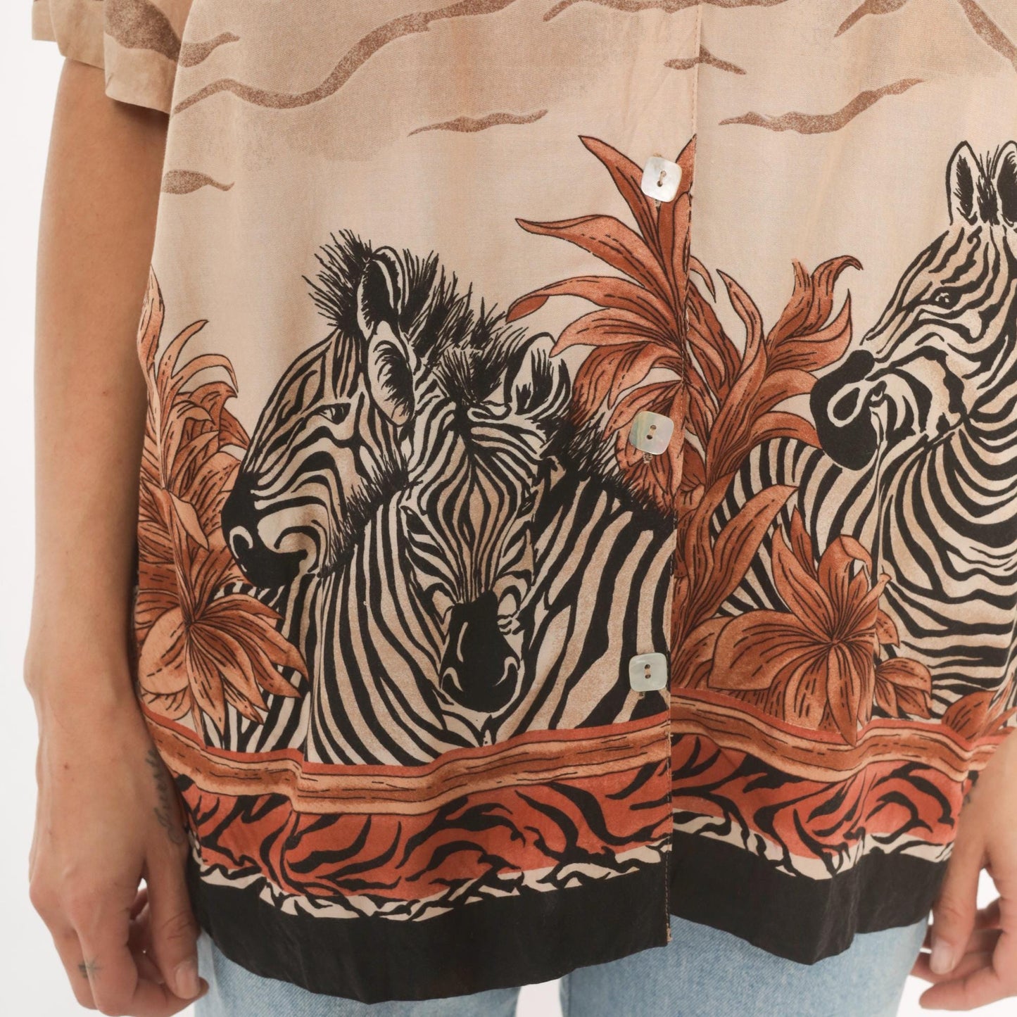 90s Teddi Zebra Safari Camp Collar Shirt Animal Print Tan Large L