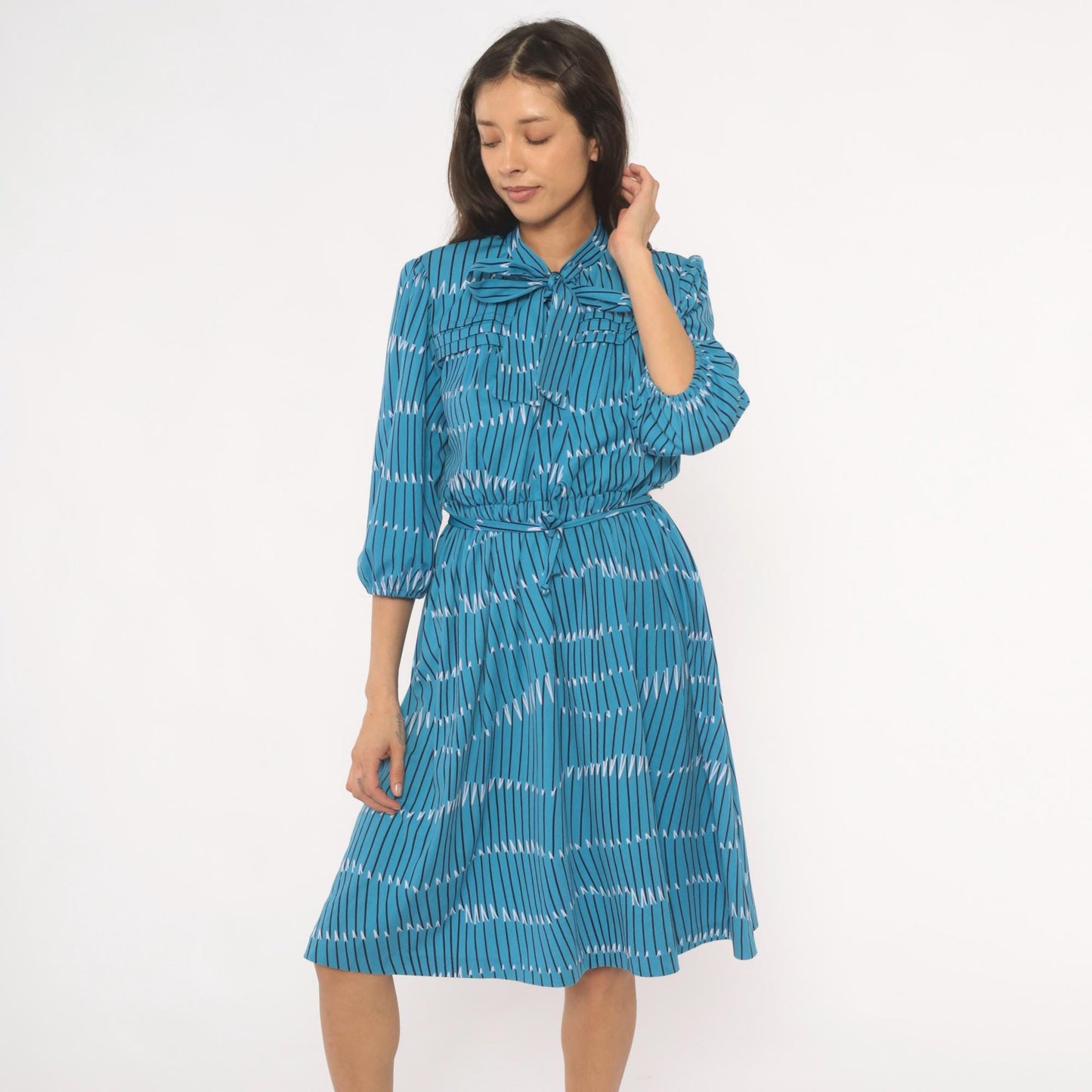 70s Teal Geometric Stripe Bow Neck Dress Puff Sleeve Belted Knee Length Large L