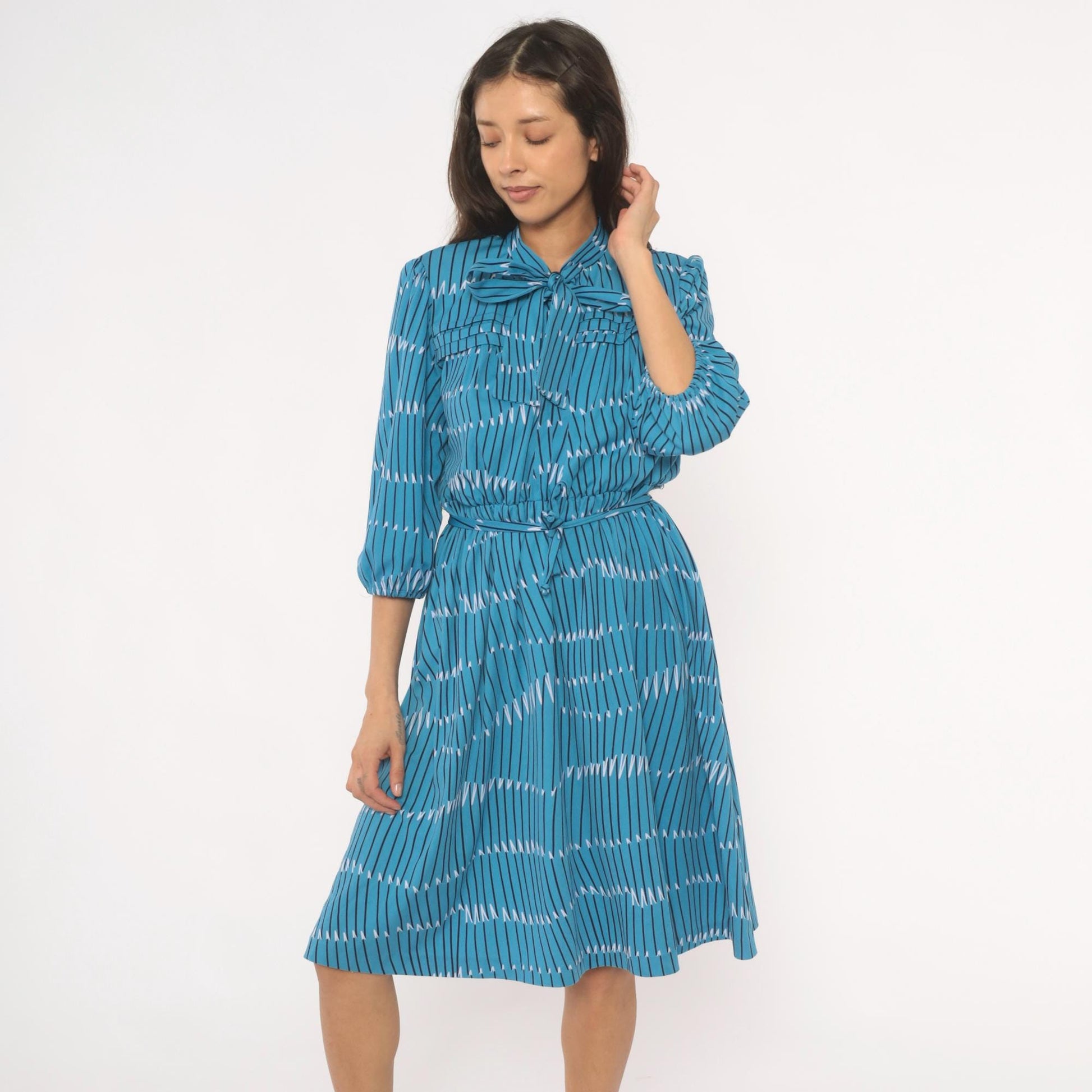70s Teal Geometric Stripe Bow Neck Dress Puff Sleeve Belted Knee Length Large L