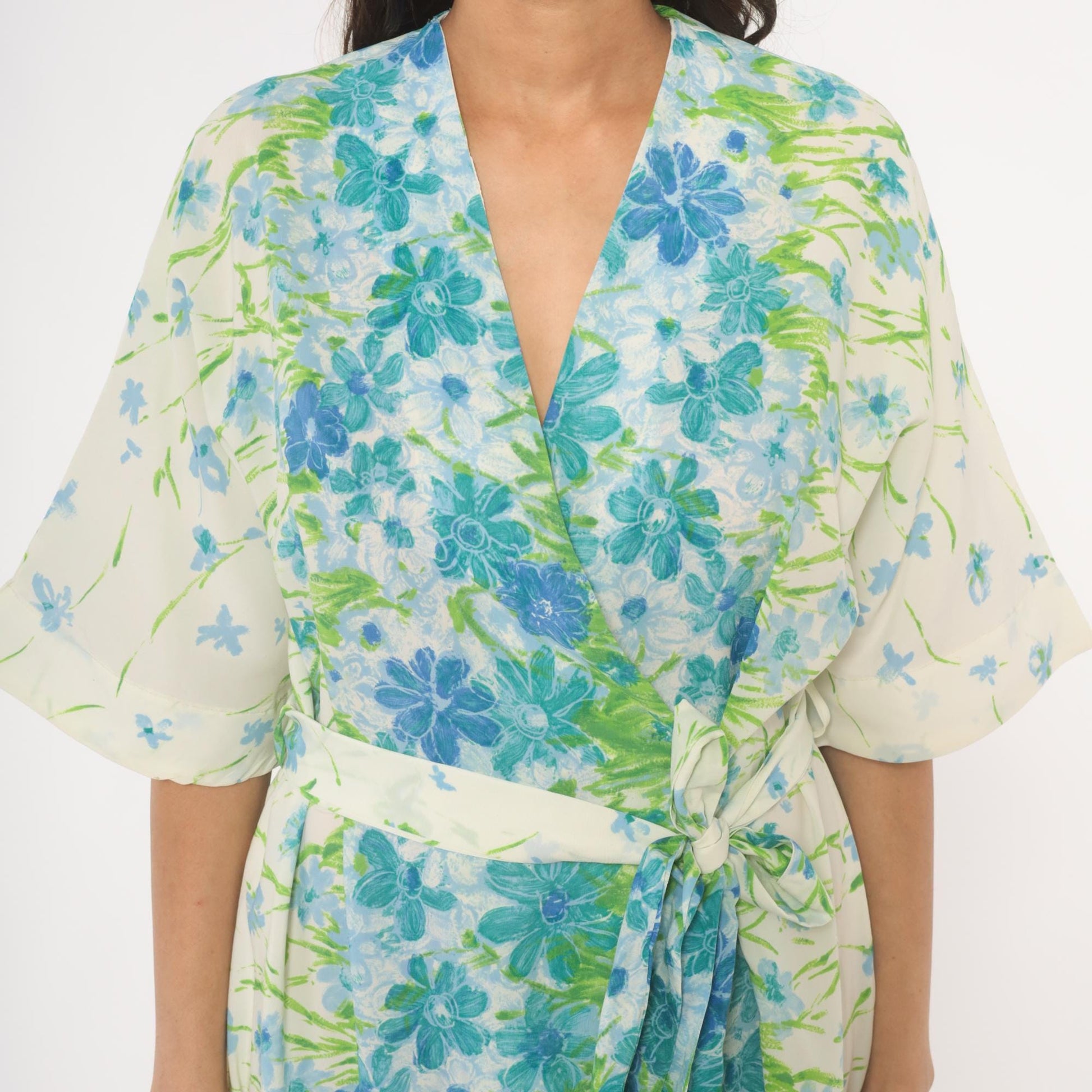 70s Floral Kimono Robe Maxi Wrap Dress Watercolor Print Blue Green Medium