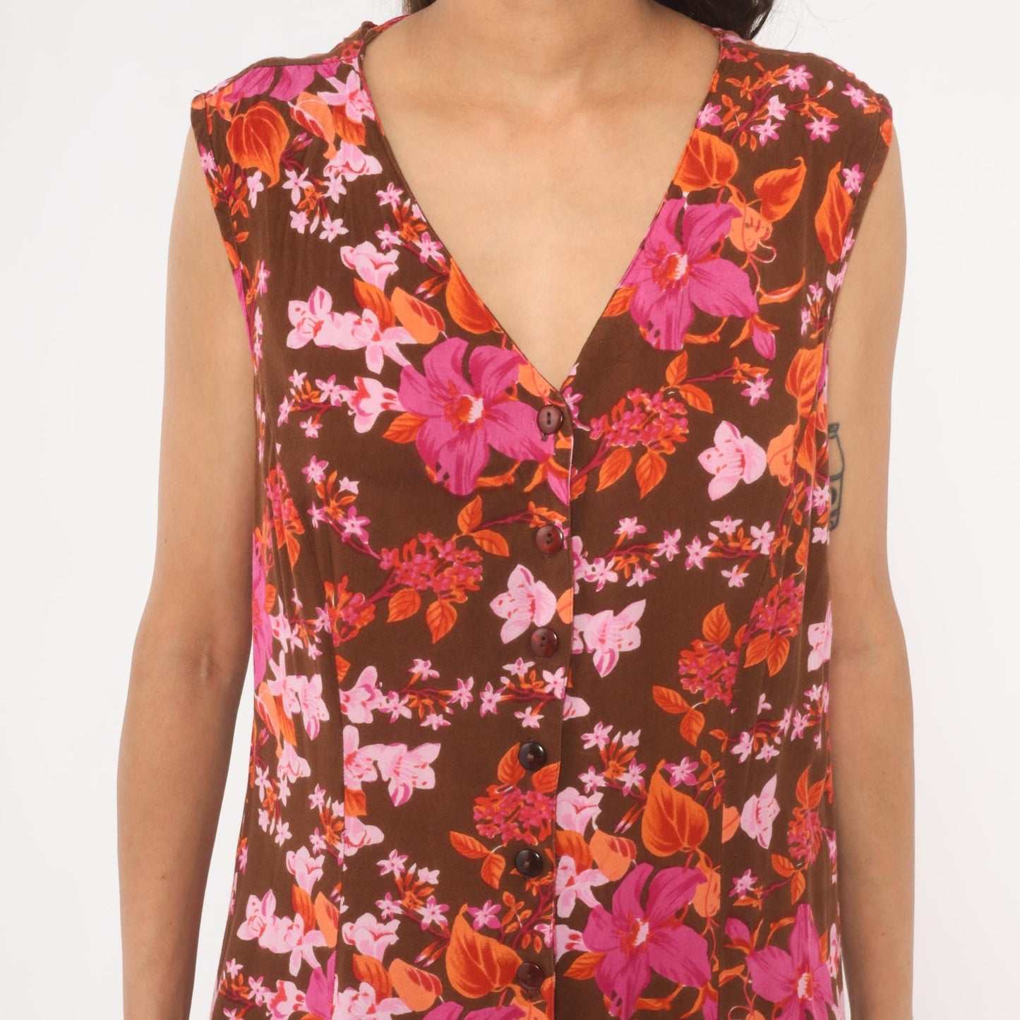 Y2K Roaman's Tropical Floral Midi Dress Brown Pink Orange Button Front Plus Size 14W