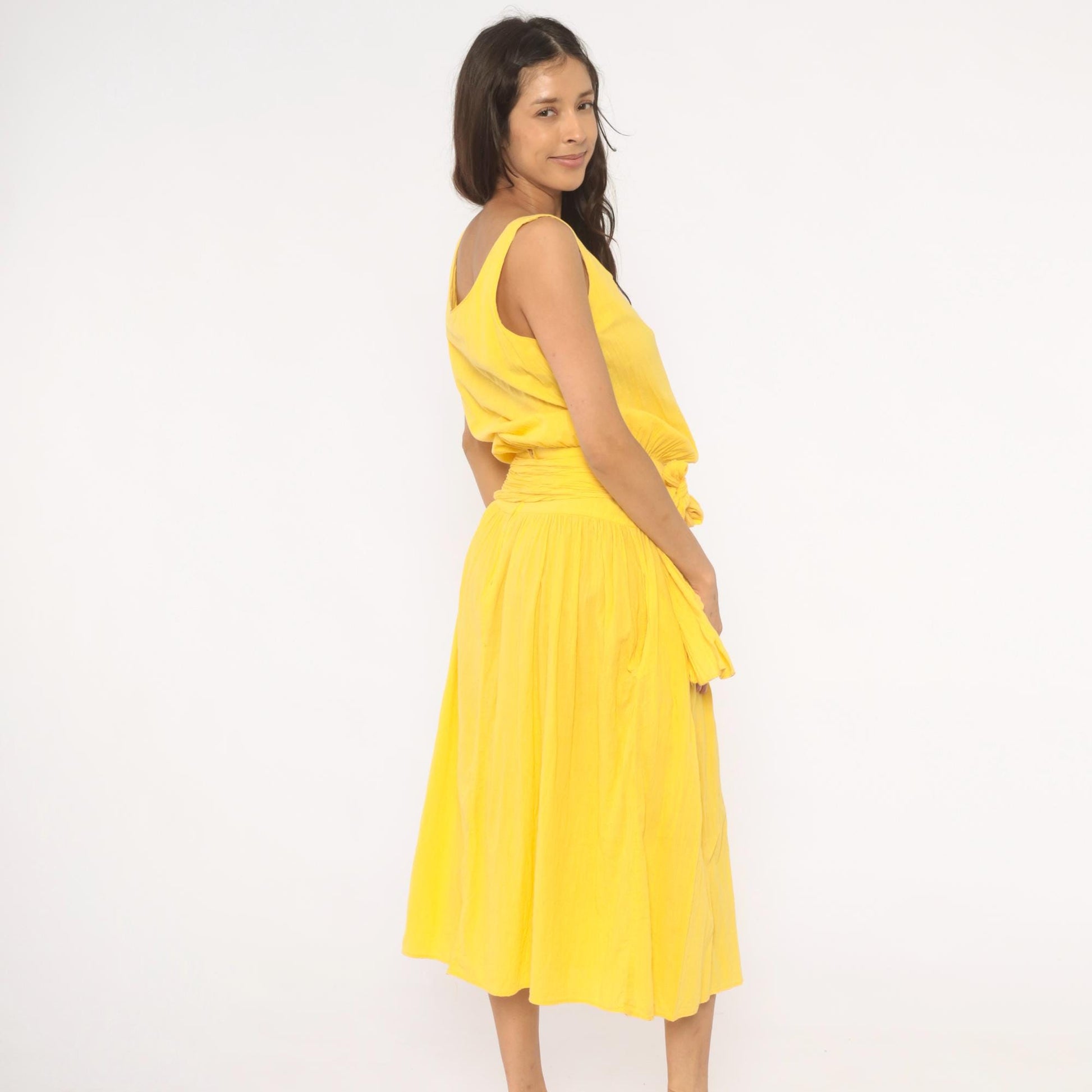 90s Yellow Cotton Sundress Scoop Neck Gathered Midi Tie Sash Medium M
