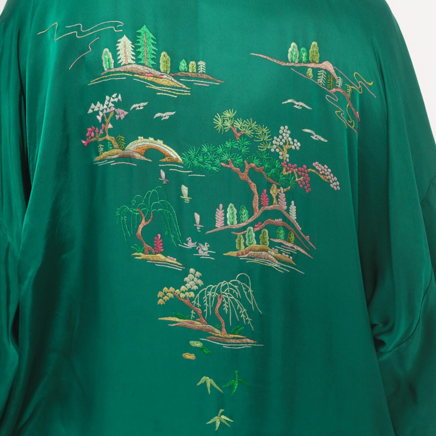 80s Health Silk Kimono Robe Emerald Embroidered Landscape Ankle Length Large L