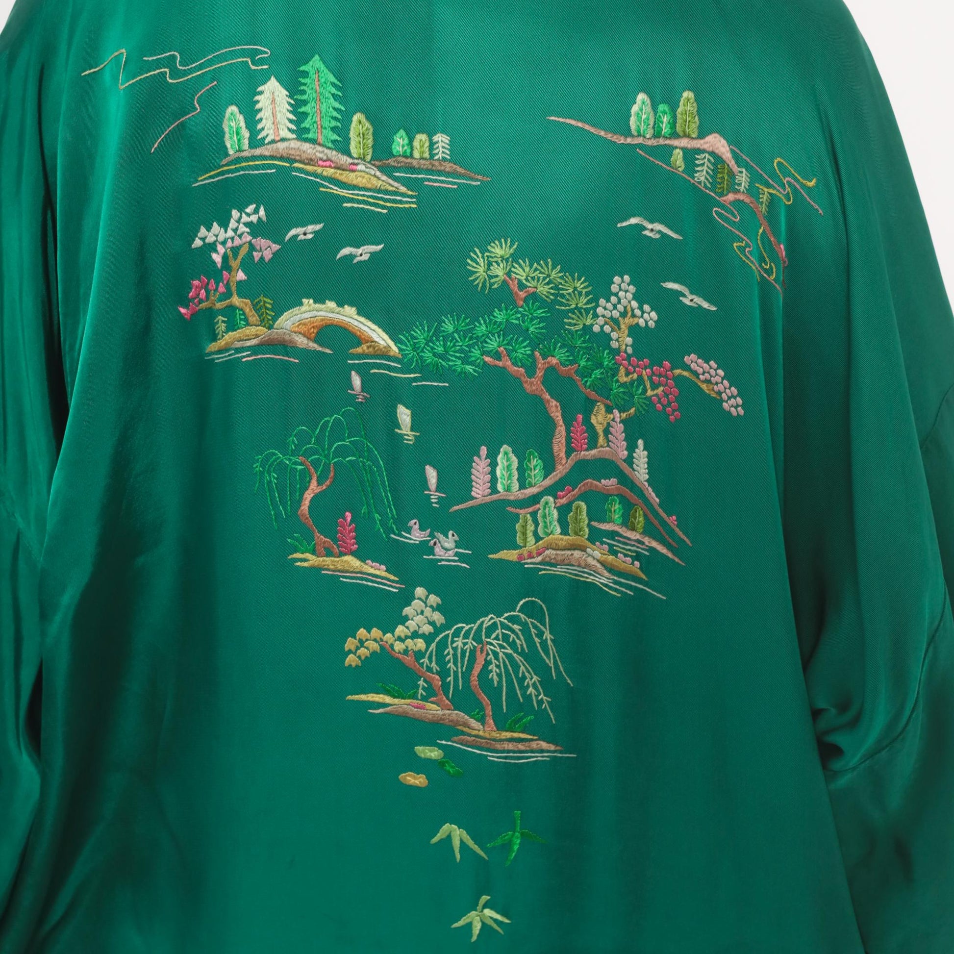 80s Health Silk Kimono Robe Emerald Embroidered Landscape Ankle Length Large L